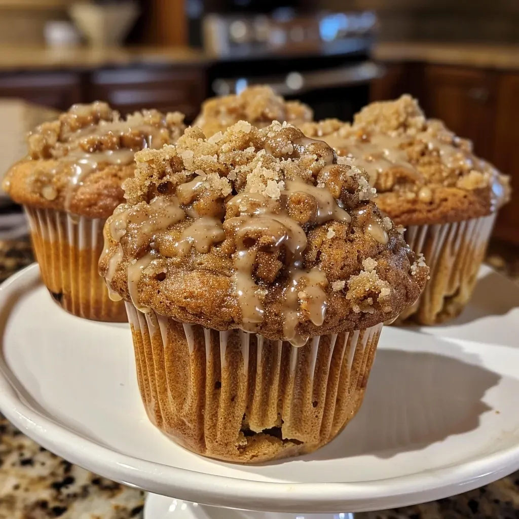 A delicious side view of a Cinnamon Streusel Muffin showcasing its moist texture and rich cinnamon flavor.