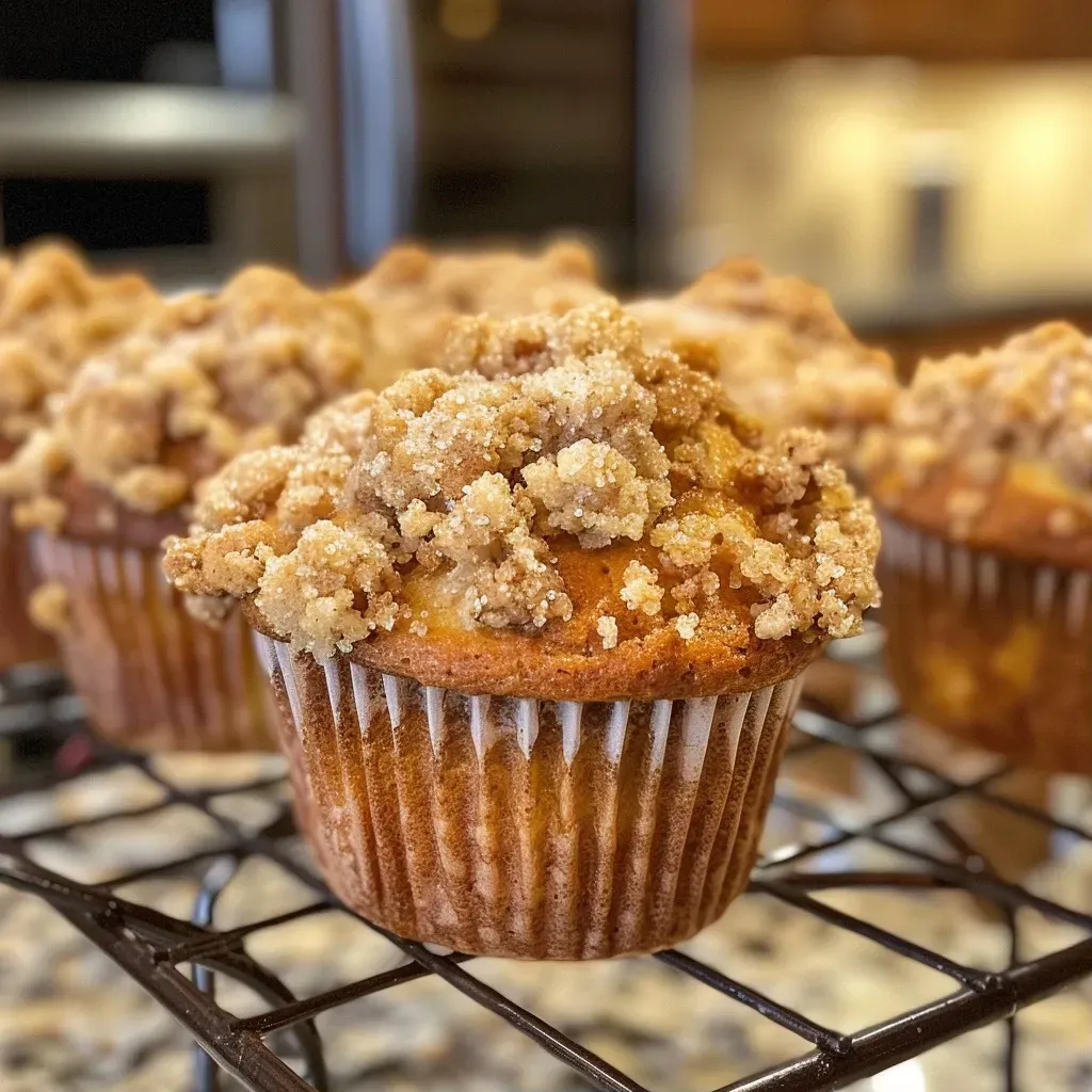 Close-up of moist cinnamon streusel muffins with a golden-brown topping.