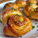 Close-up view of golden-brown Air Fryer Zimtschnecken Bites, showing flaky layers and a drizzle of icing.