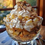 Close-up of a layered apple caramel trifle featuring apples, cream, and nuts.