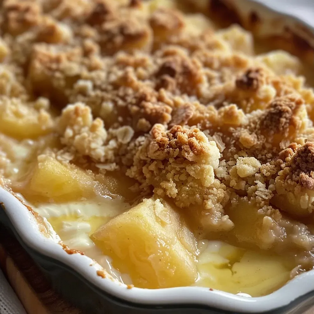 Close-up view of a Bratapfel-Crumble served on creamy cinnamon sauce.