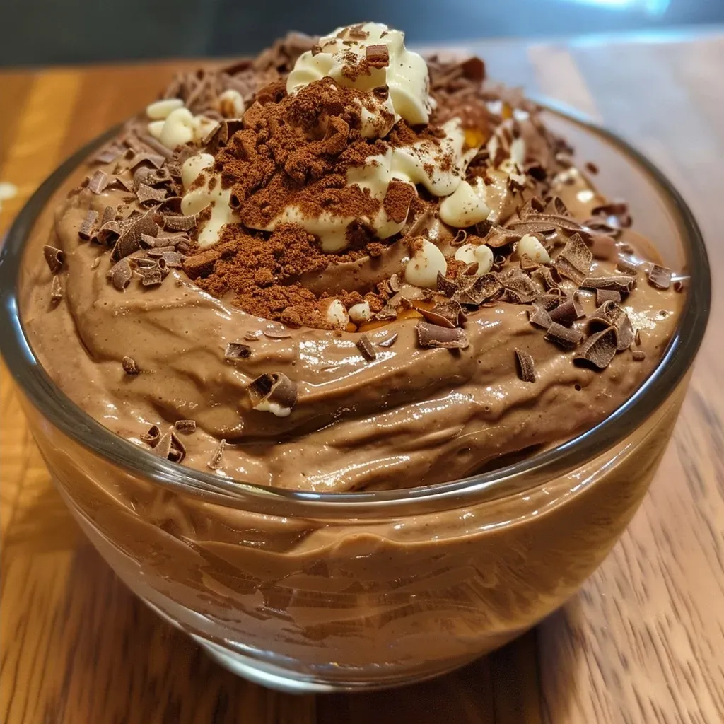 Side view of rich chocolate mousse topped with cocoa powder and a spoon.