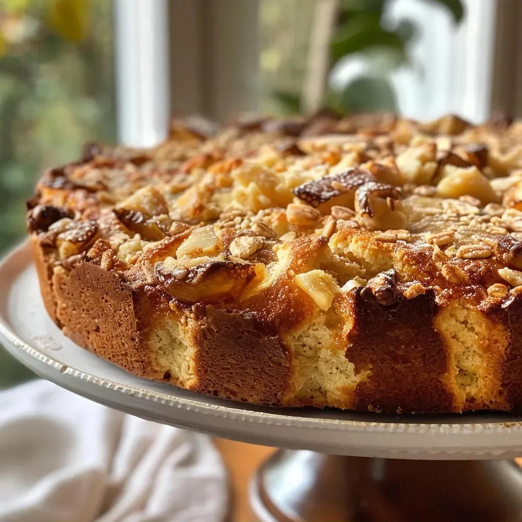 A side view of a slice of pear almond cake on a plate, showcasing its layers and texture.