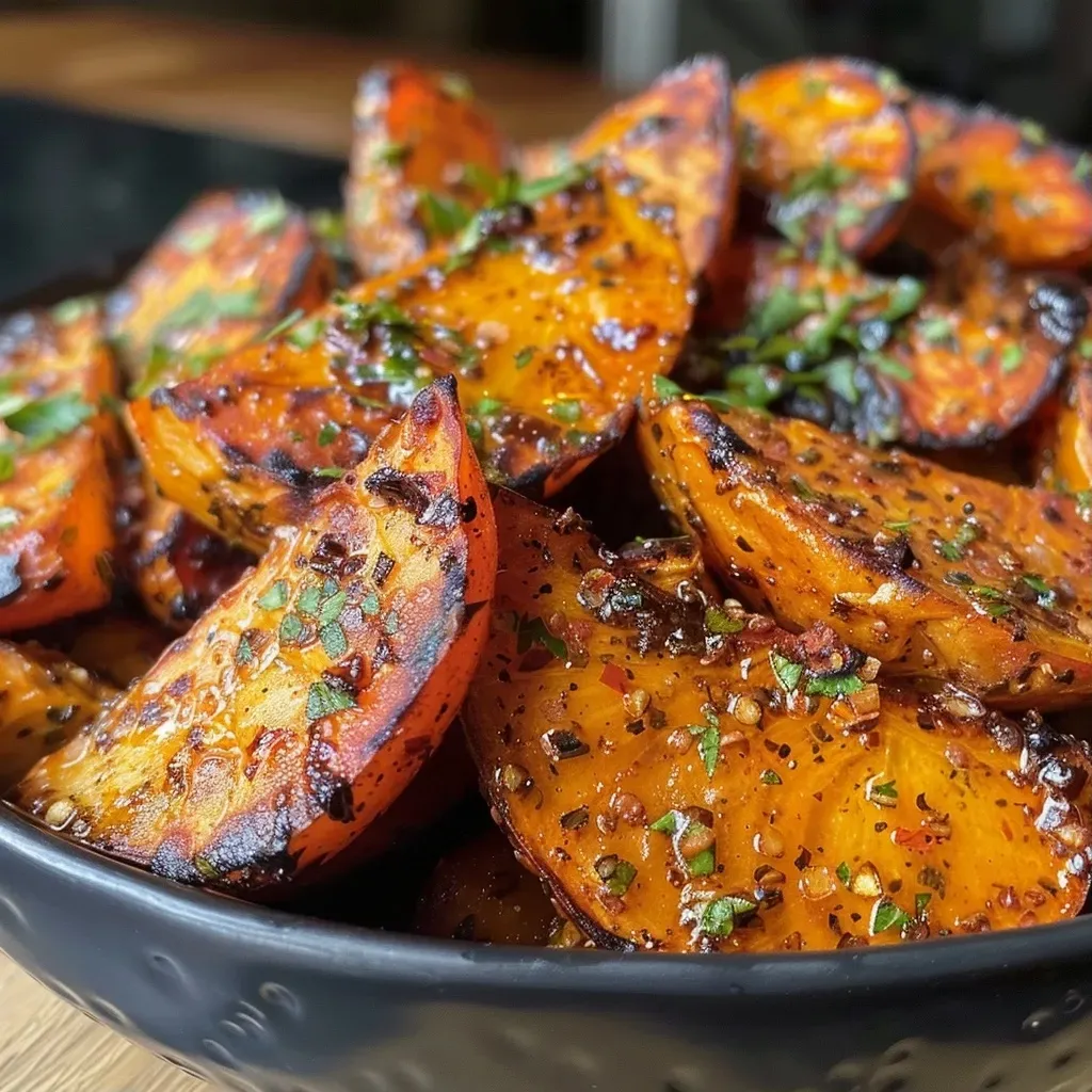 Close-up of crispy roasted Hokkaido pumpkin cubes from an Airfryer.
