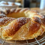 Close-up view of a braided Hefekranz bread with a glossy surface and a golden crust.