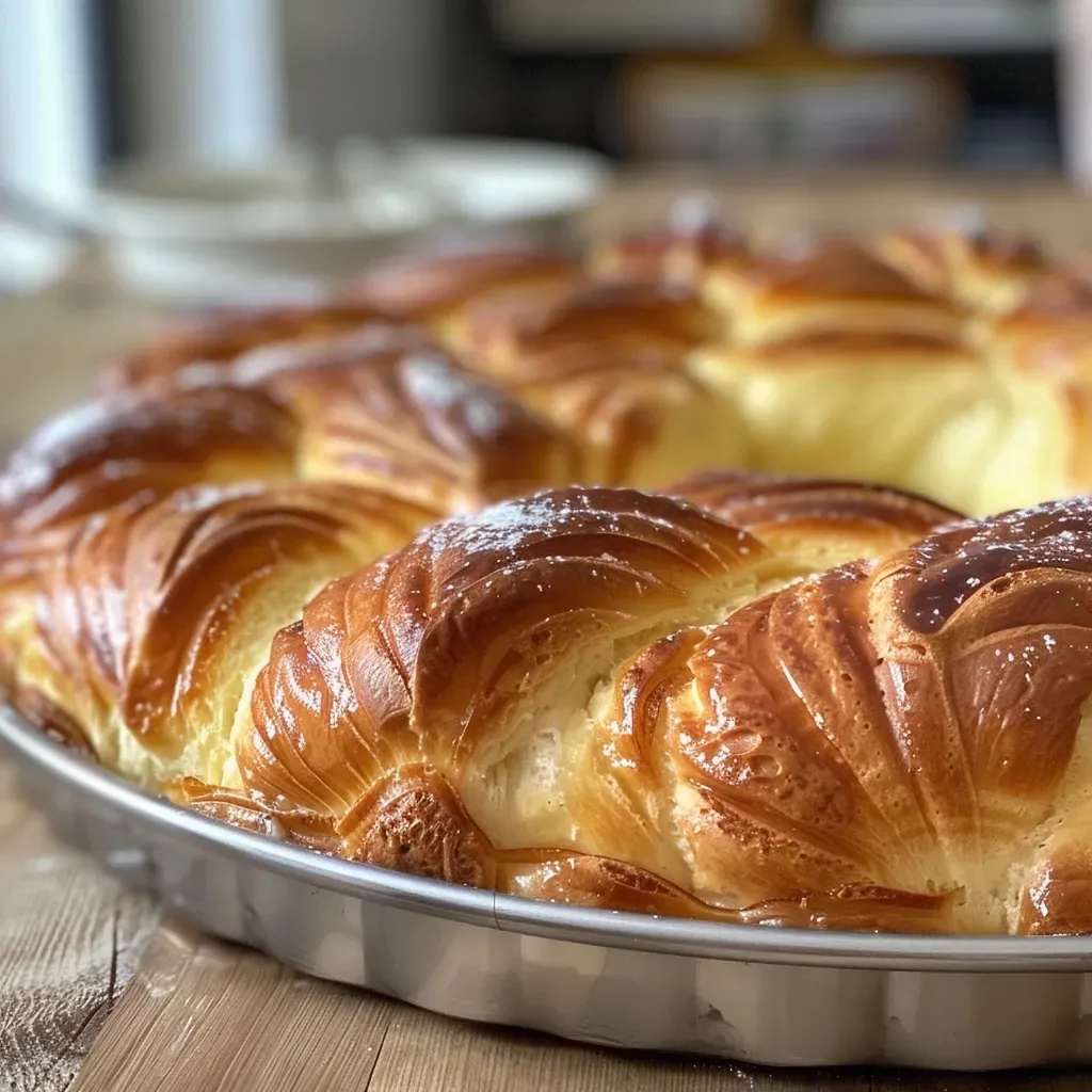 Side profile of a freshly baked Hefekranz showcasing its intricate braid and soft texture.