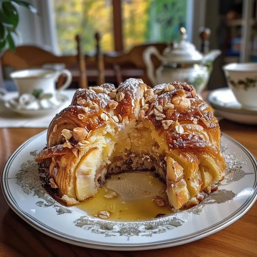 A side view of a moist Herbstlicher Gugelhupf with apples and walnuts, showcasing its golden-brown crust.