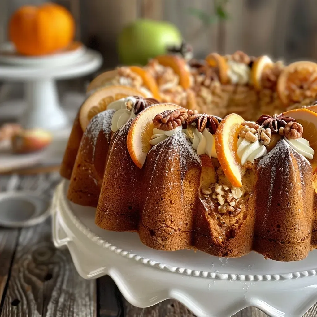 Close-up image of a seasonal Gugelhupf cake, featuring chopped walnuts and apple slices on top.