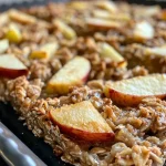Close-up side view of baked oats with apple and cinnamon, showcasing a golden-brown texture.