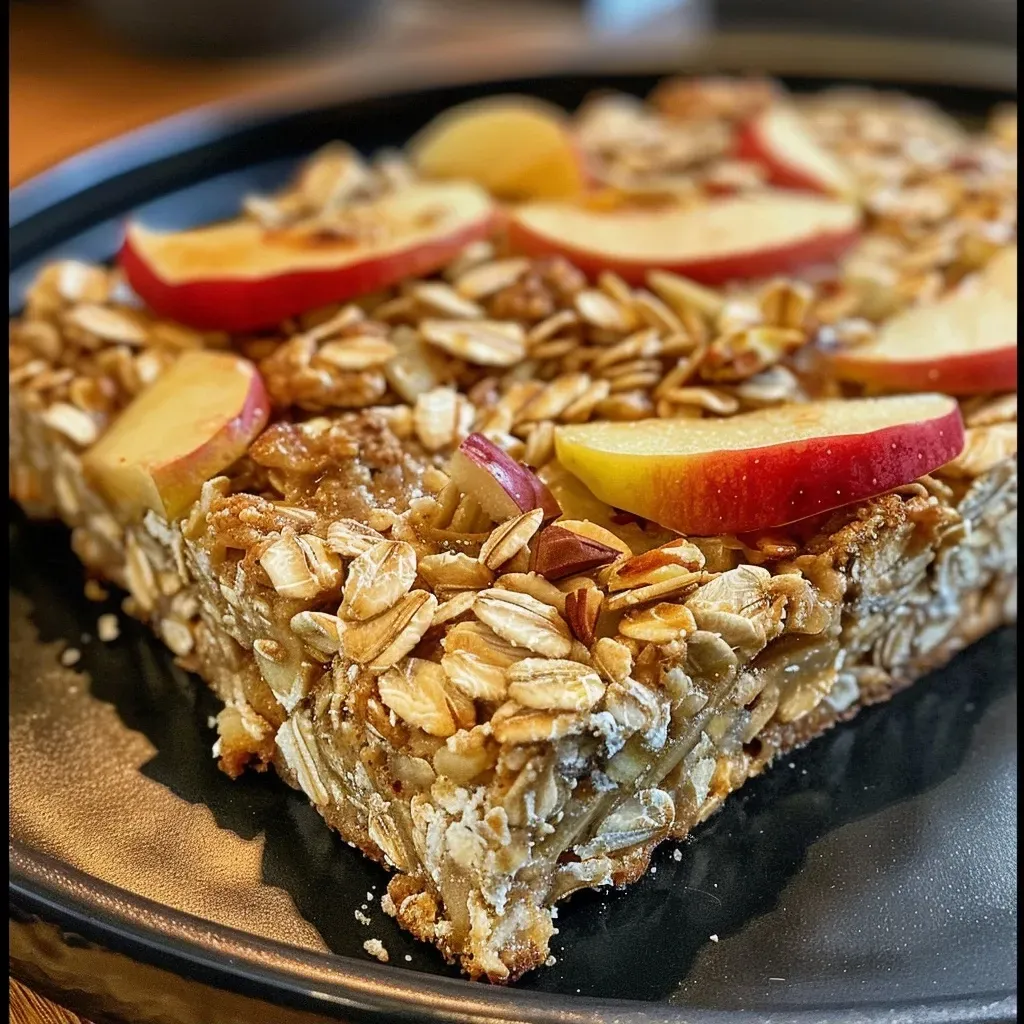 Juicy high-protein baked oats in a bowl, garnished with apple slices and a sprinkle of cinnamon.