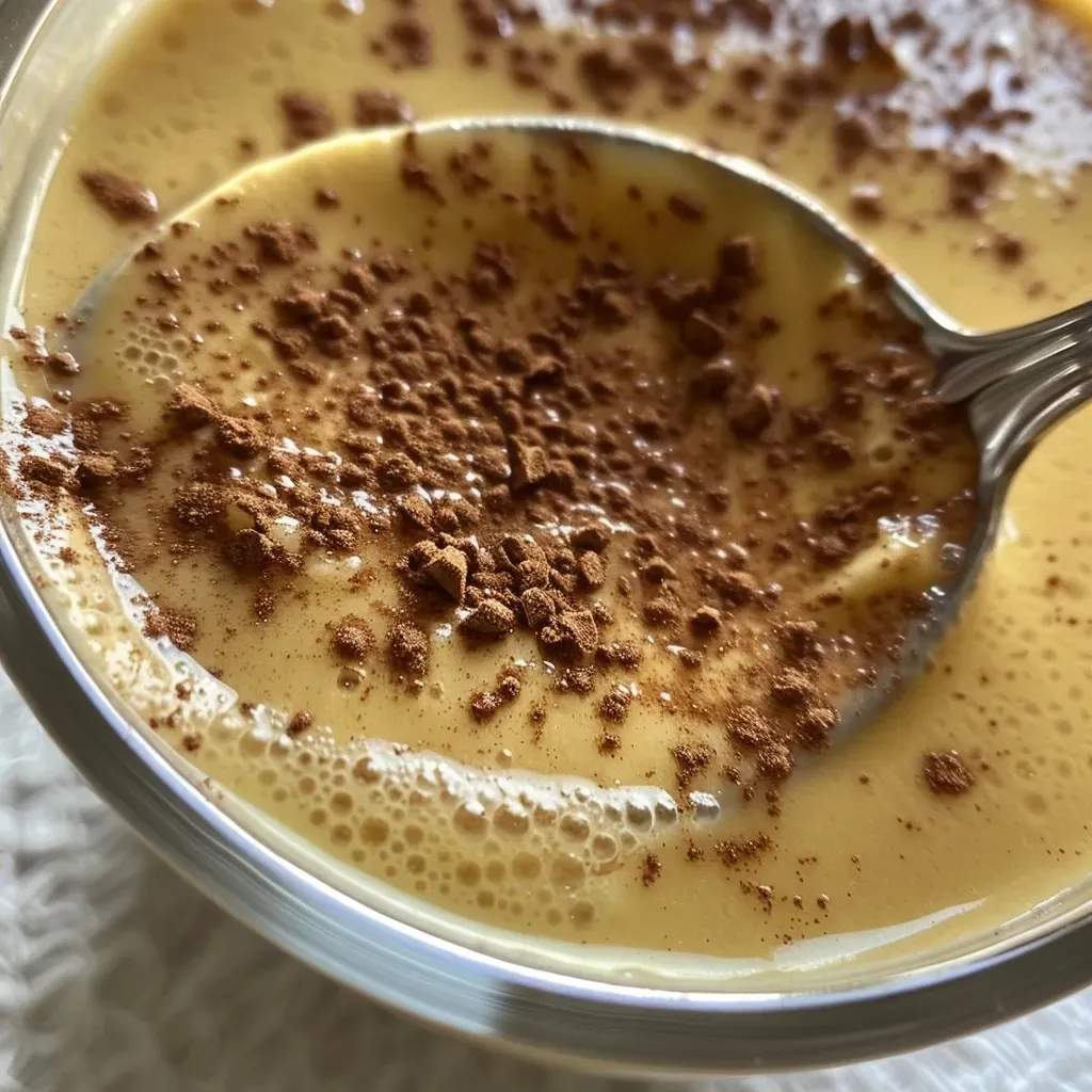 Side view of luscious high-protein caramel pudding with a smooth texture, presented in a clear cup.