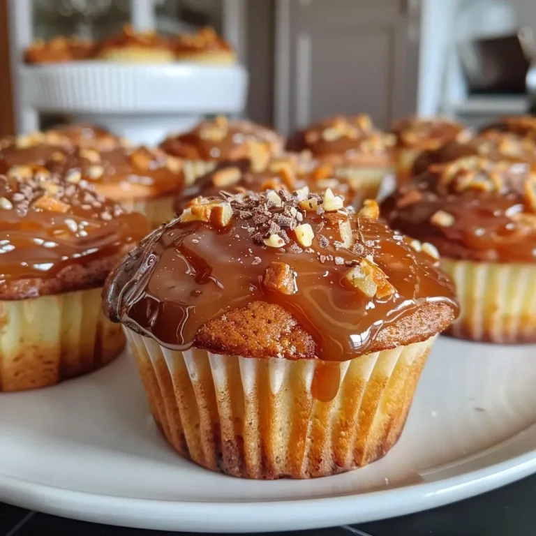 Himmlische Karamell-Muffins – ein Genuss für jeden Anlass! Close-up side view of moist Karamell Muffins topped with caramel sauce.