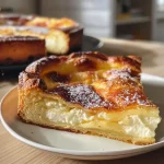 Close-up side view of a creamy Käsekuchen in an Airfryer dish.