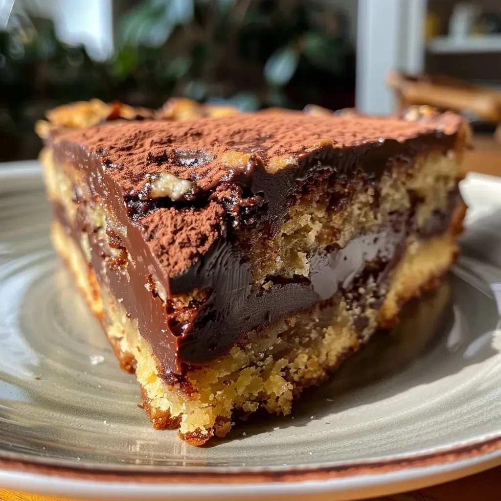 Close-up of Kastanien-Kuchen with melted chocolate drizzled on top.