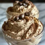 A side view of a creamy Keto Tiramisu Mousse topped with cocoa powder and coffee beans.