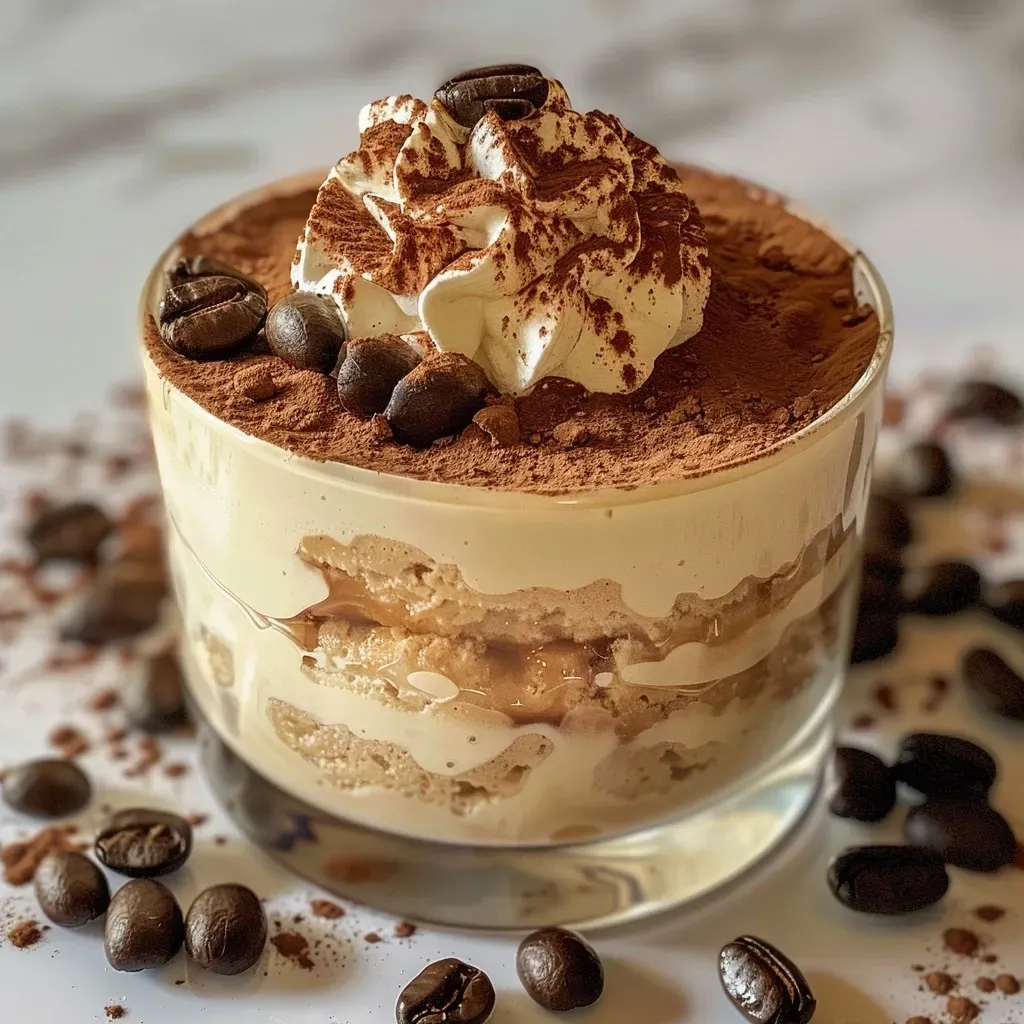 Close-up of a delicious Keto Tiramisu Mousse with a rich chocolate dusting.