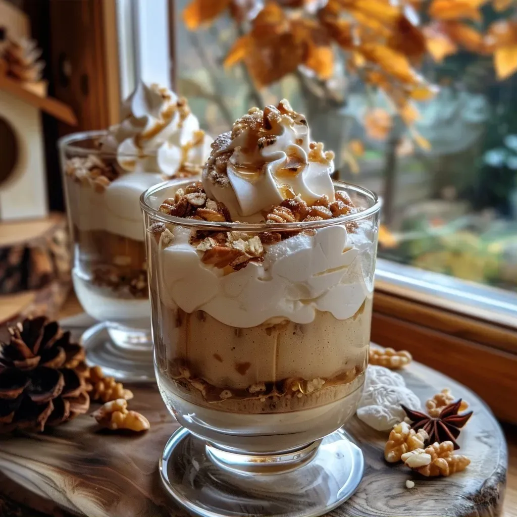 Close-up of a creamy pumpkin dessert topped with nuts and cinnamon.