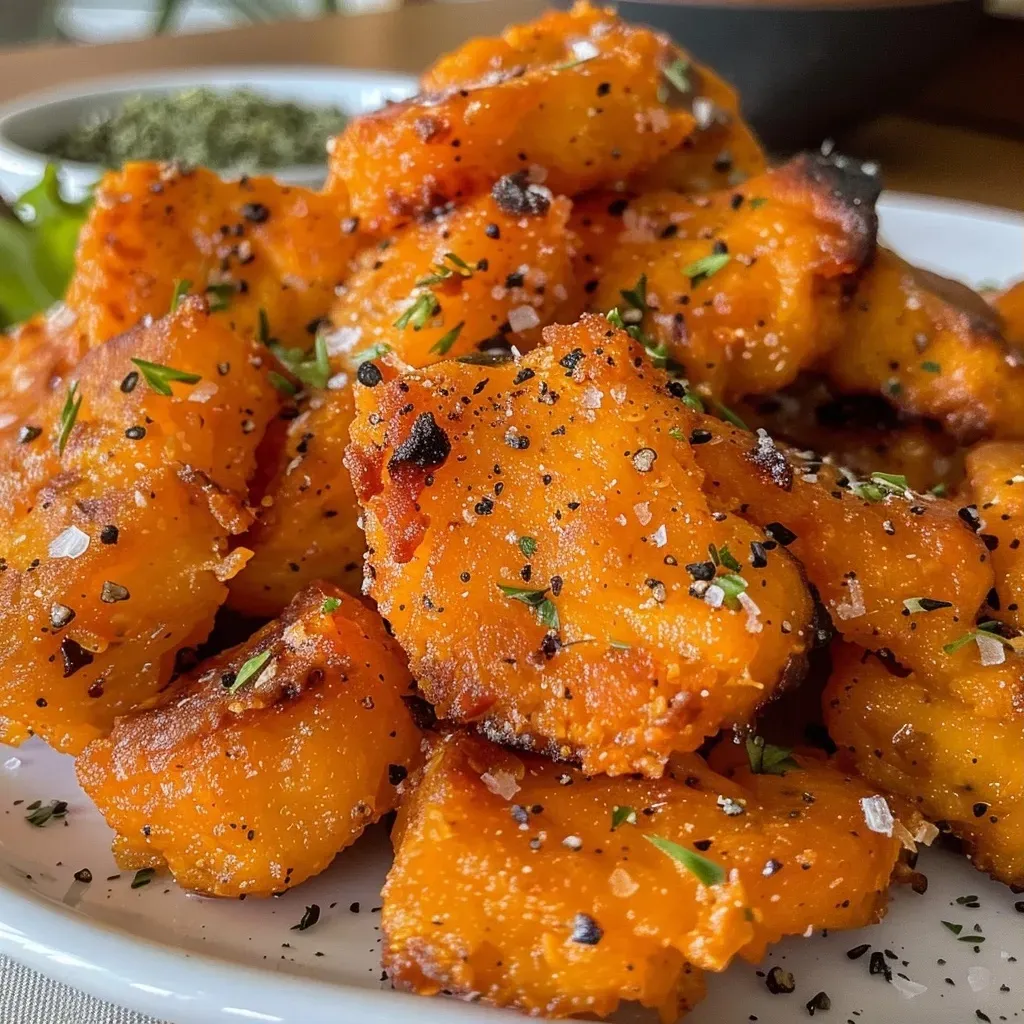 Close-up of slices of Hokkaido pumpkin cooked in an Airfryer, golden brown and juicy.