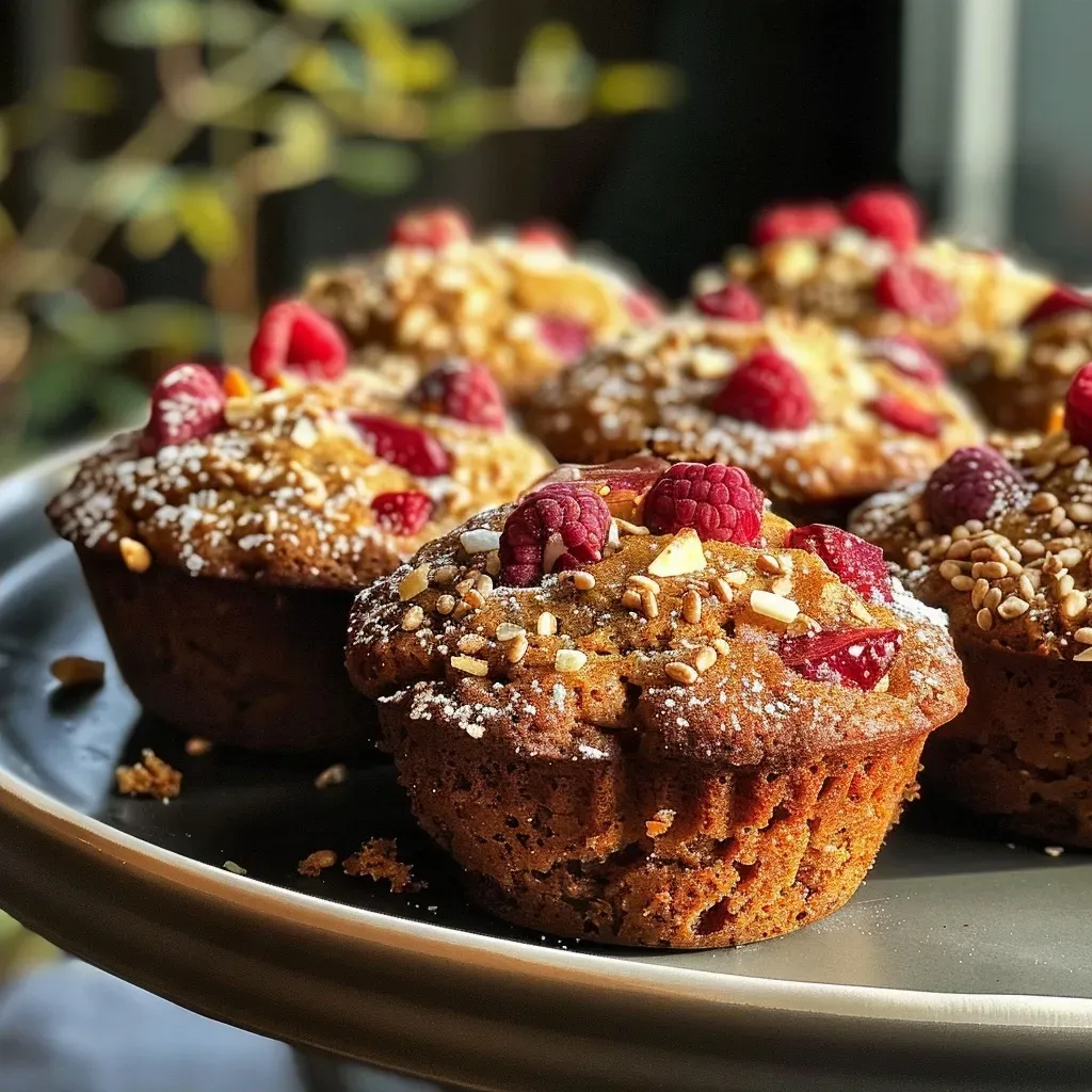 Side view of a moist Kürbis-Pekannuss Muffin with a sugary topping on a dark plate.