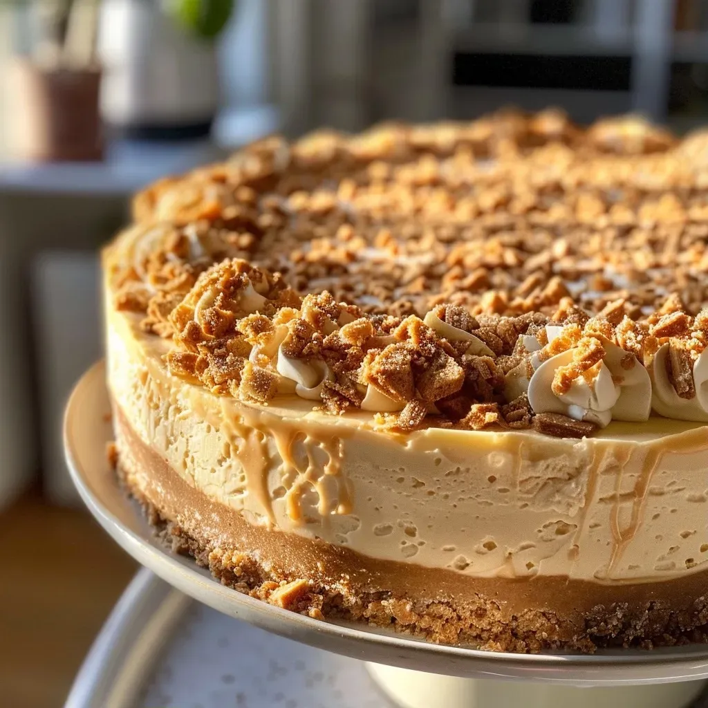 Close-up view of a delicious, no-bake Lotus cheesecake with caramel hints.