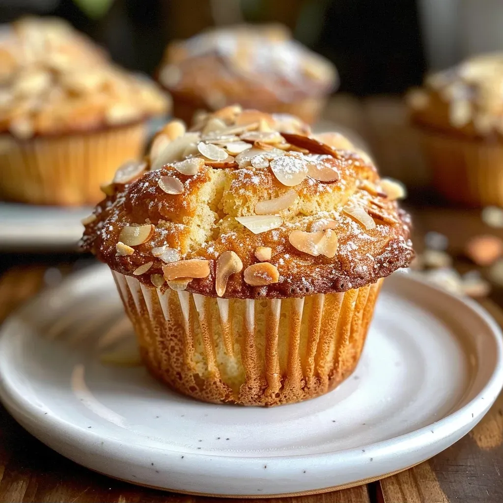 Close-up view of golden almond croissant muffins with sliced almonds on top.