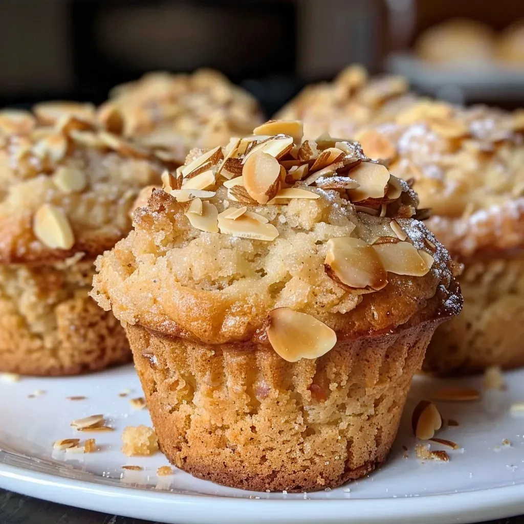 Side view of freshly baked almond croissant muffins dusted with powdered sugar.