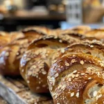 Close-up side view of freshly baked Maronenbrötchen on a wooden table.