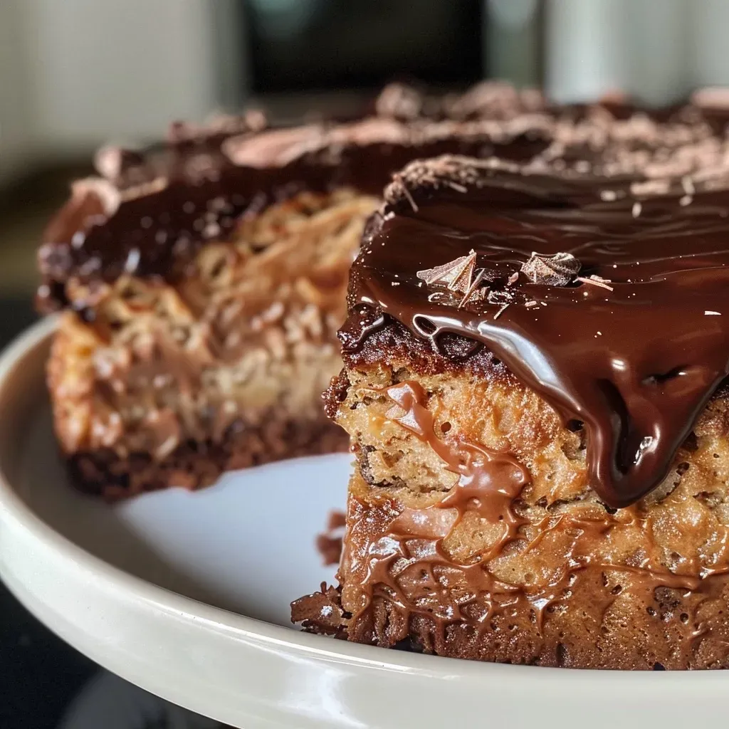 Close-up side view of a rich chocolate Maronenkuchen with a glossy texture.