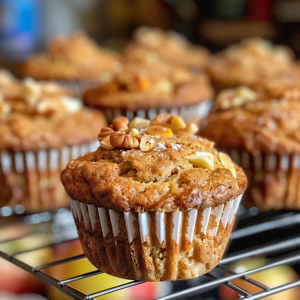 Side view of freshly baked Morning Glory Muffins, featuring shredded carrots and apples peeking through the muffin texture.