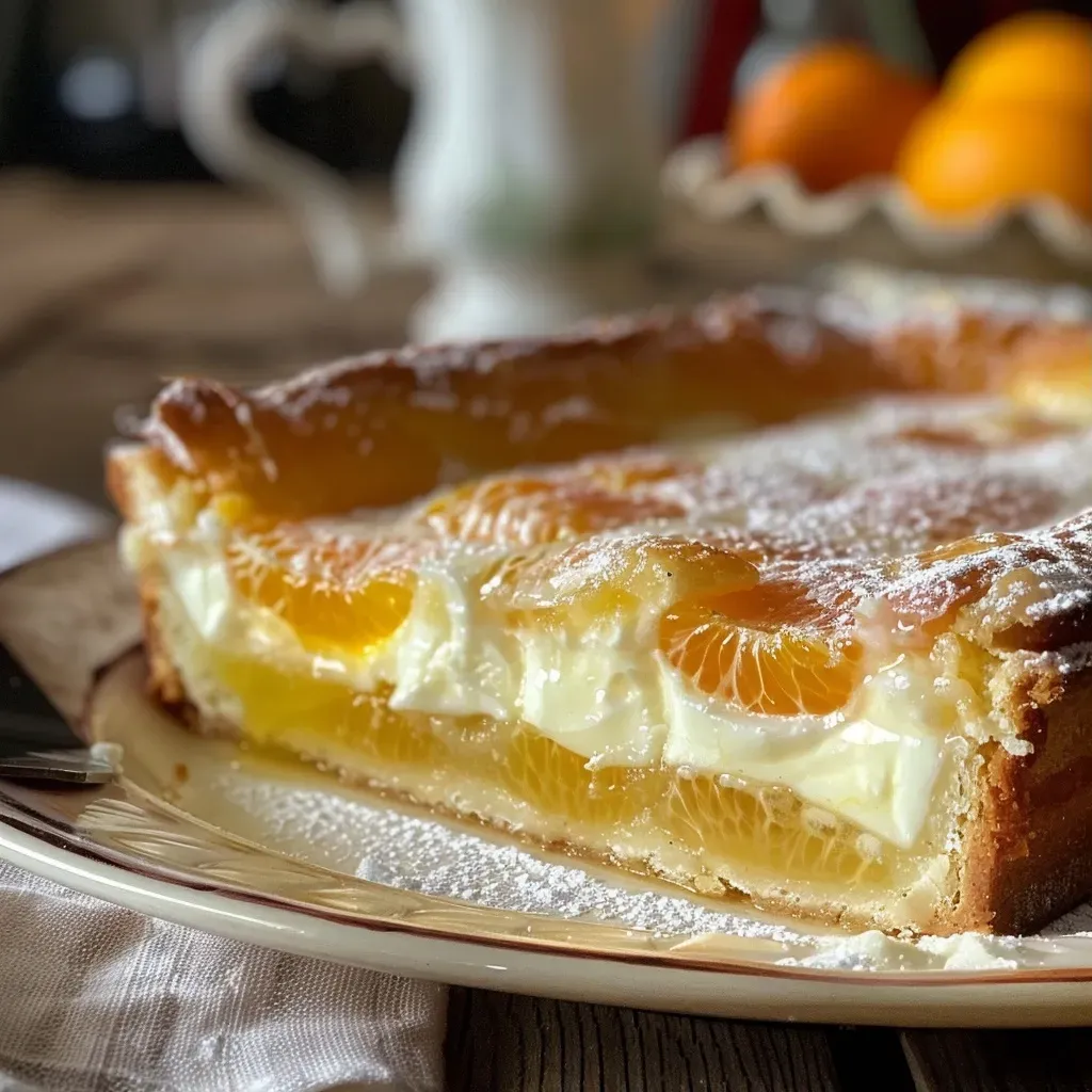 A close-up side view of Oma's Käse-Sahne-Torte showcasing its creamy layers and mandarin oranges.