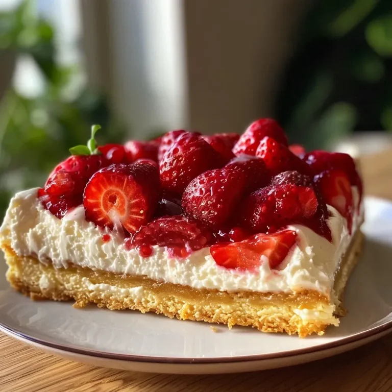 Ein himmlischer Protein Käsekuchen für jede Gelegenheit Close-up of a slice of protein cheesecake with a creamy texture and topped with strawberry jam.