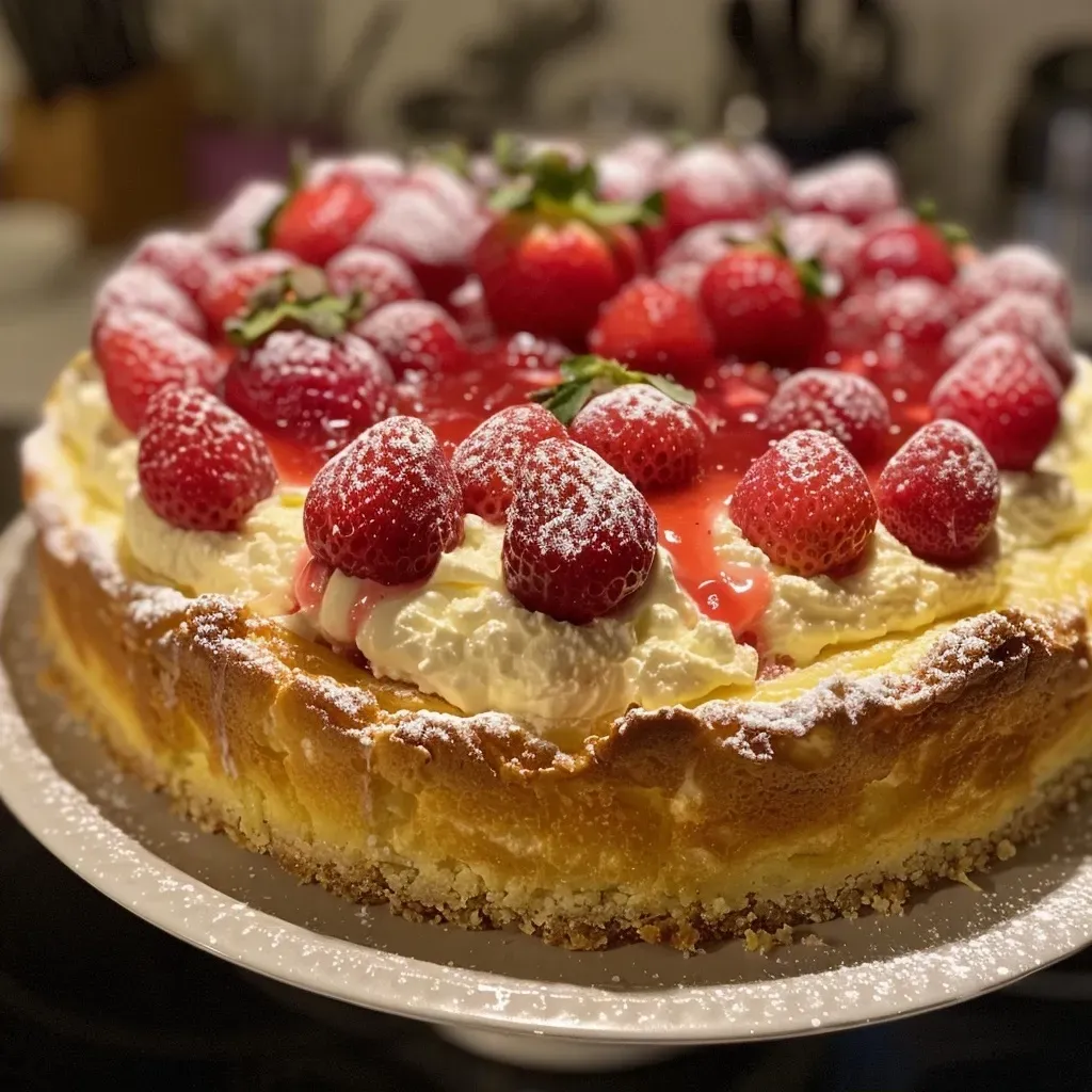 Side view of a decadent protein cheesecake showcasing its fluffy layers and fresh strawberries.