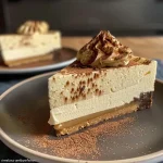Close-up view of a slice of protein pumpkin cheesecake with a creamy texture.
