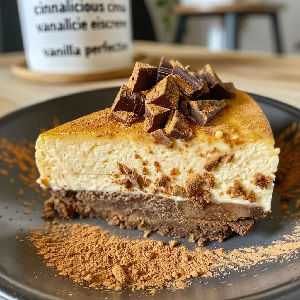Side view of a delicious protein pumpkin cheesecake, showcasing its layers.