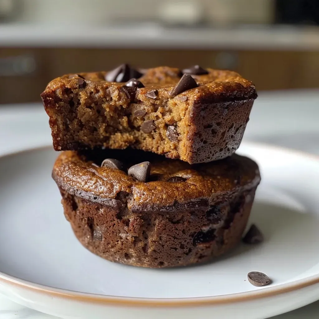 Side perspective of moist gluten-free pumpkin muffins topped with chocolate chips, showcasing their texture.
