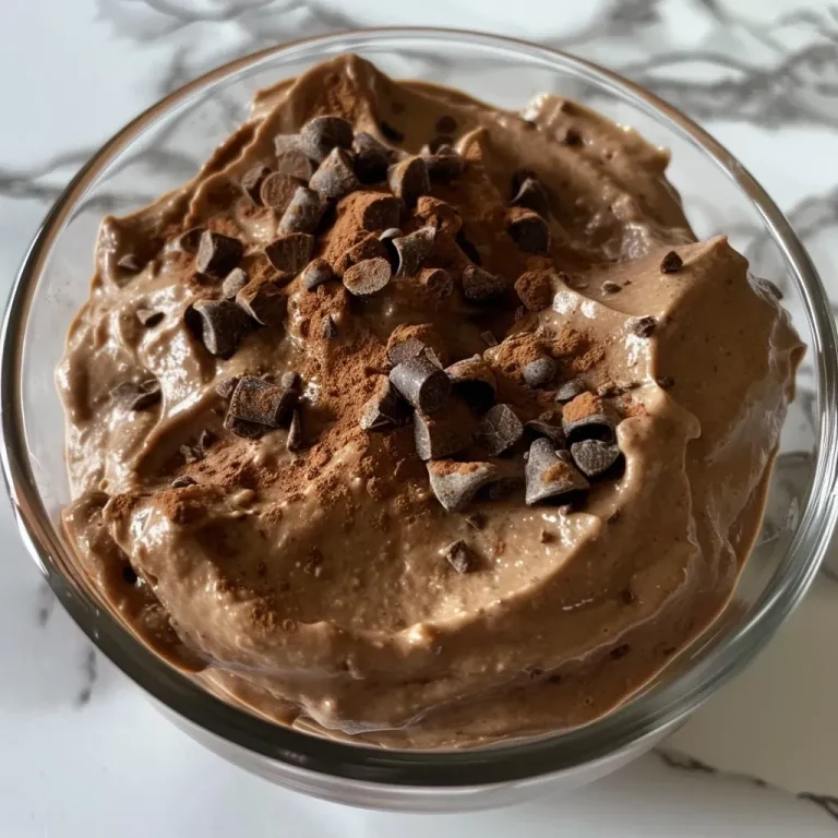 Close-up view of a creamy chocolate protein mousse in a glass, with rich texture.
