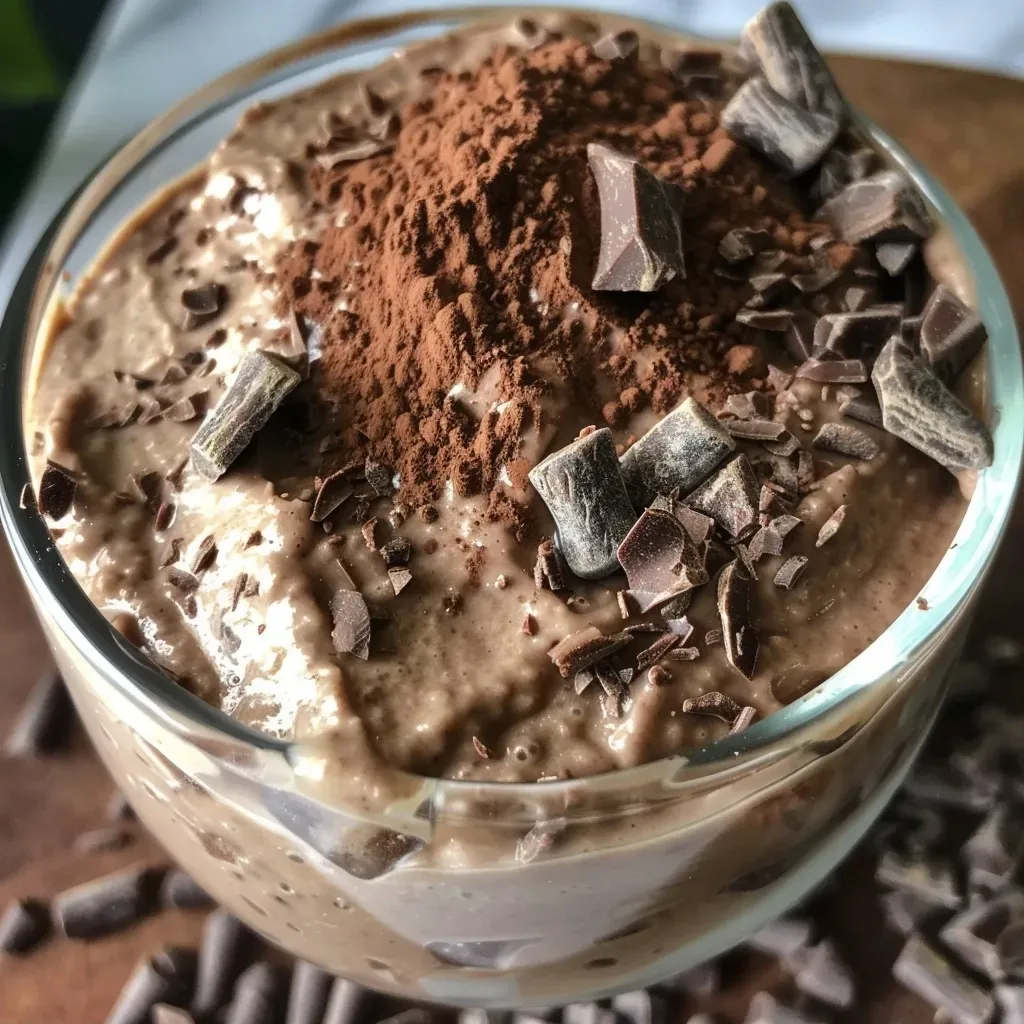 Side view photograph of a delicious-looking protein mousse topped with chocolate shavings.