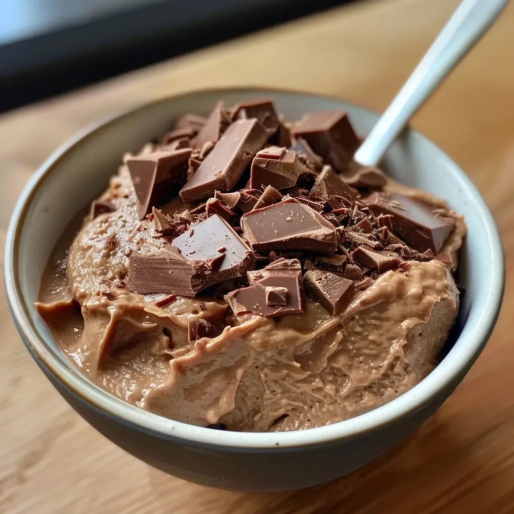 Close-up of a creamy chocolate mousse topped with a sprinkle of cocoa powder.