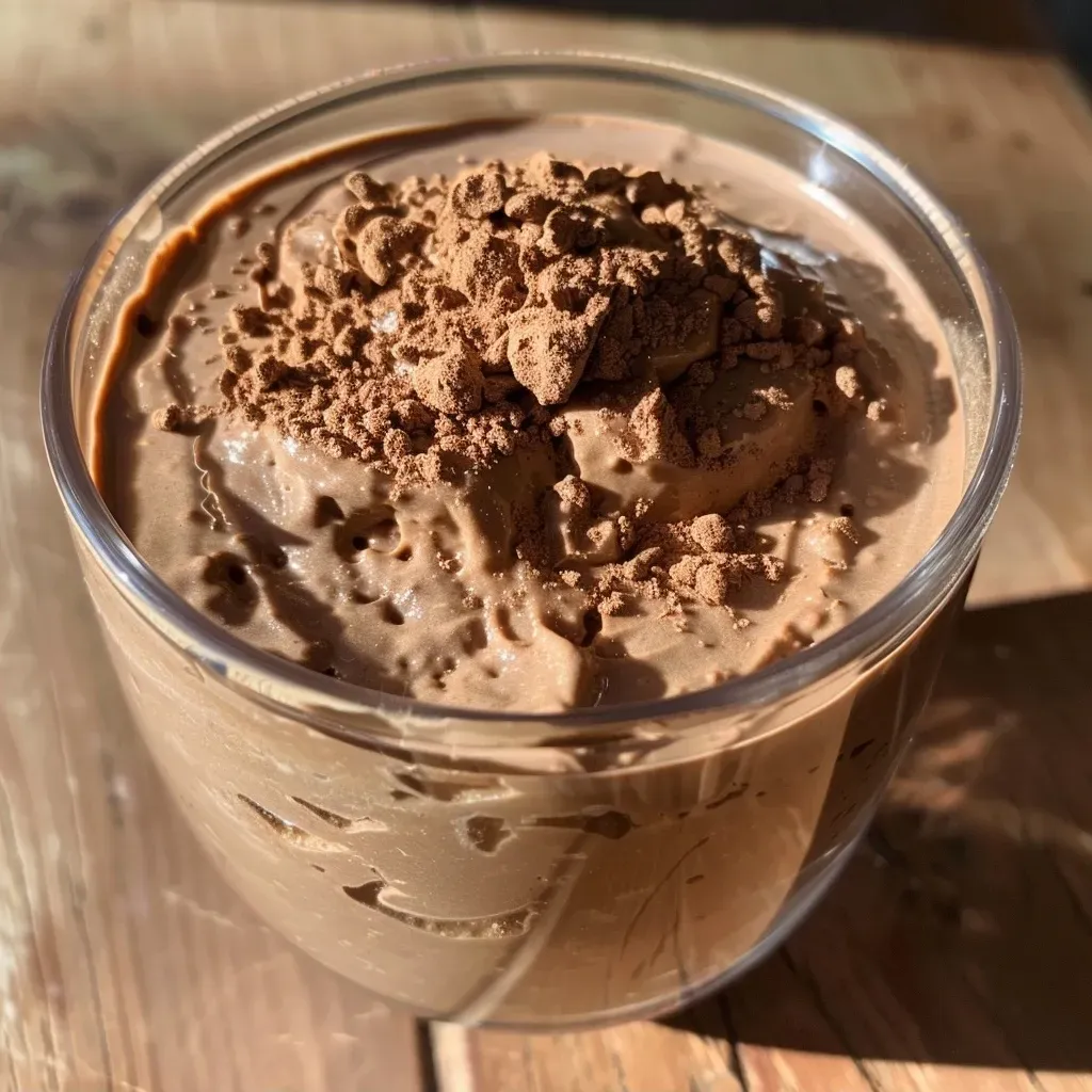 Side view of smooth, dark chocolate mousse in a clear glass dish.