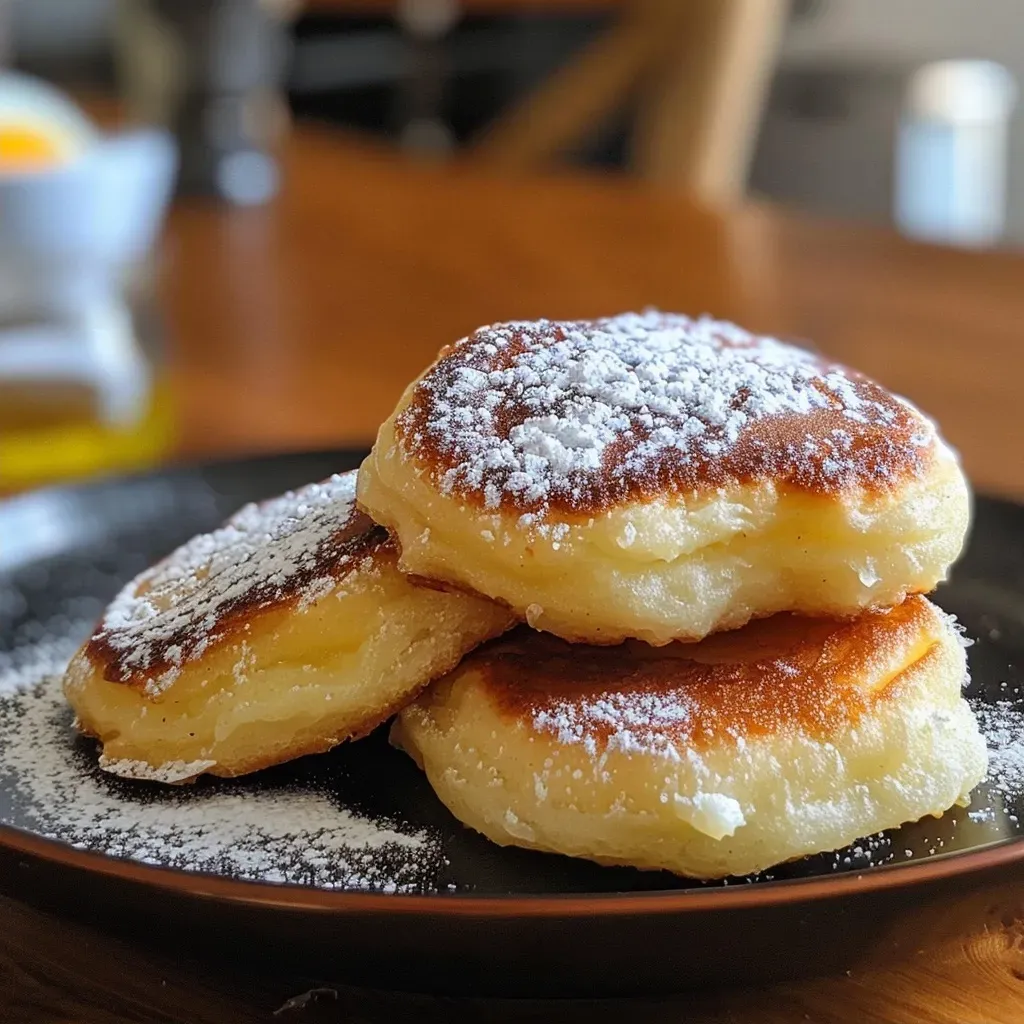 Side view of freshly fried Quark fritters, dusted with sugar and ready to eat.