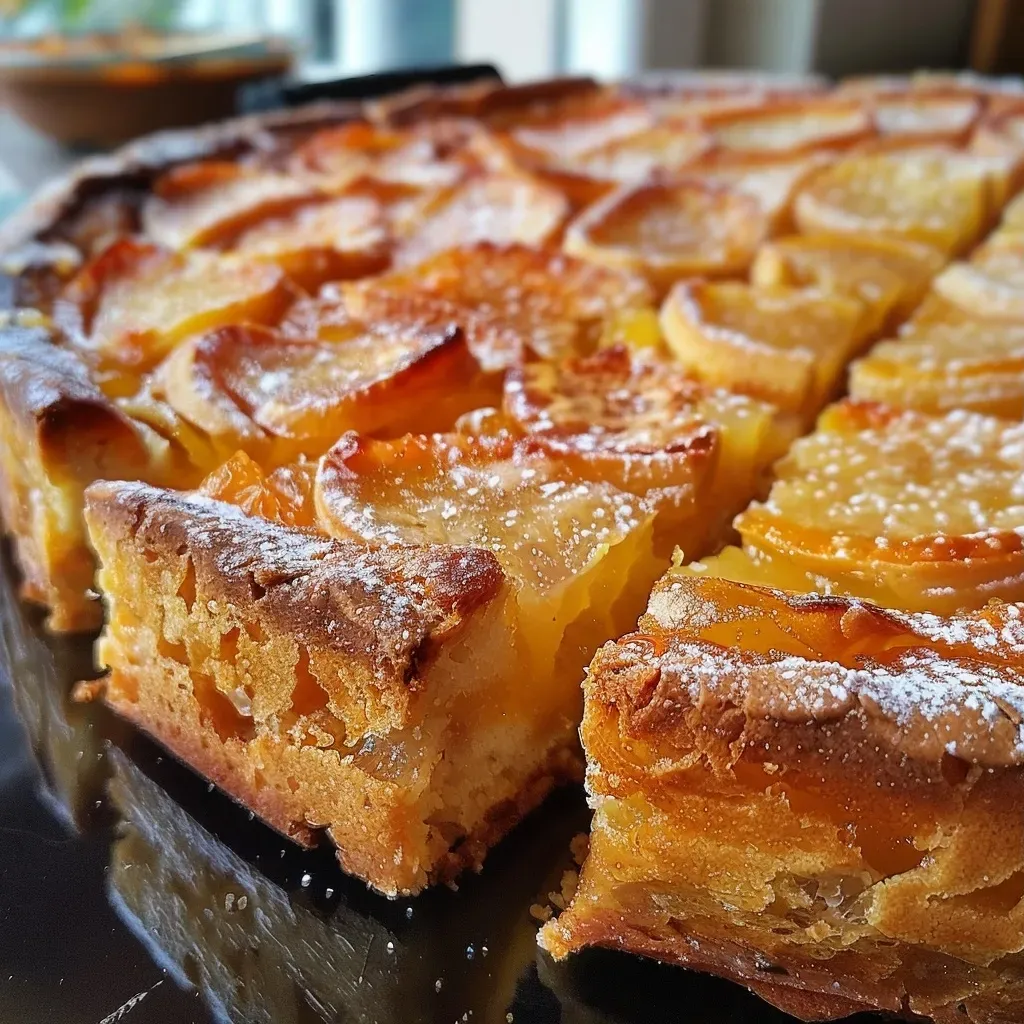 Close-up side view of a slice of Quittenkuchen topped with sliced almonds.
