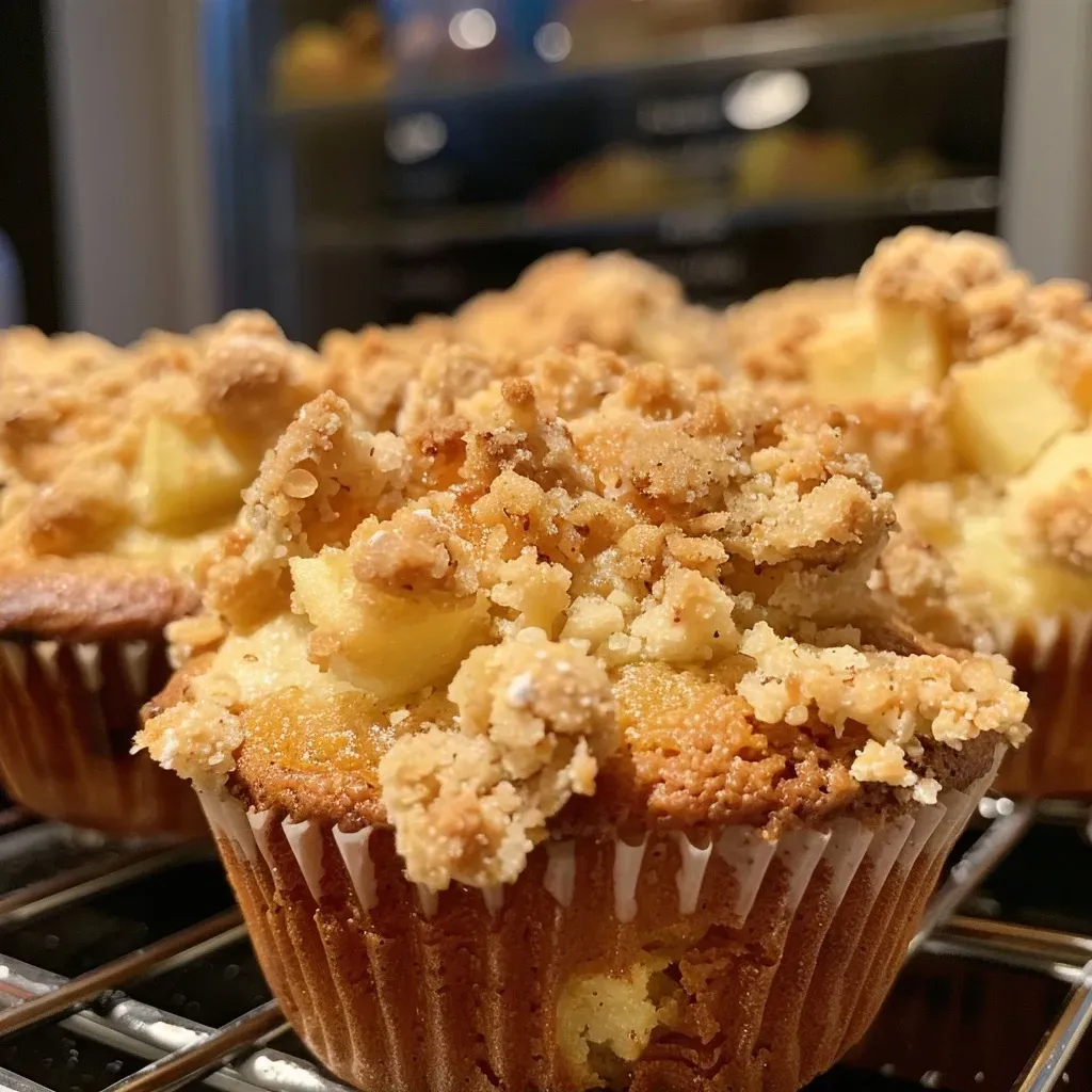 Side view of golden brown muffins with apple chunks and a cinnamon streusel topping.