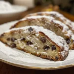 Close-up view of a delicious Mohnstollen with poppy seeds and almonds.
