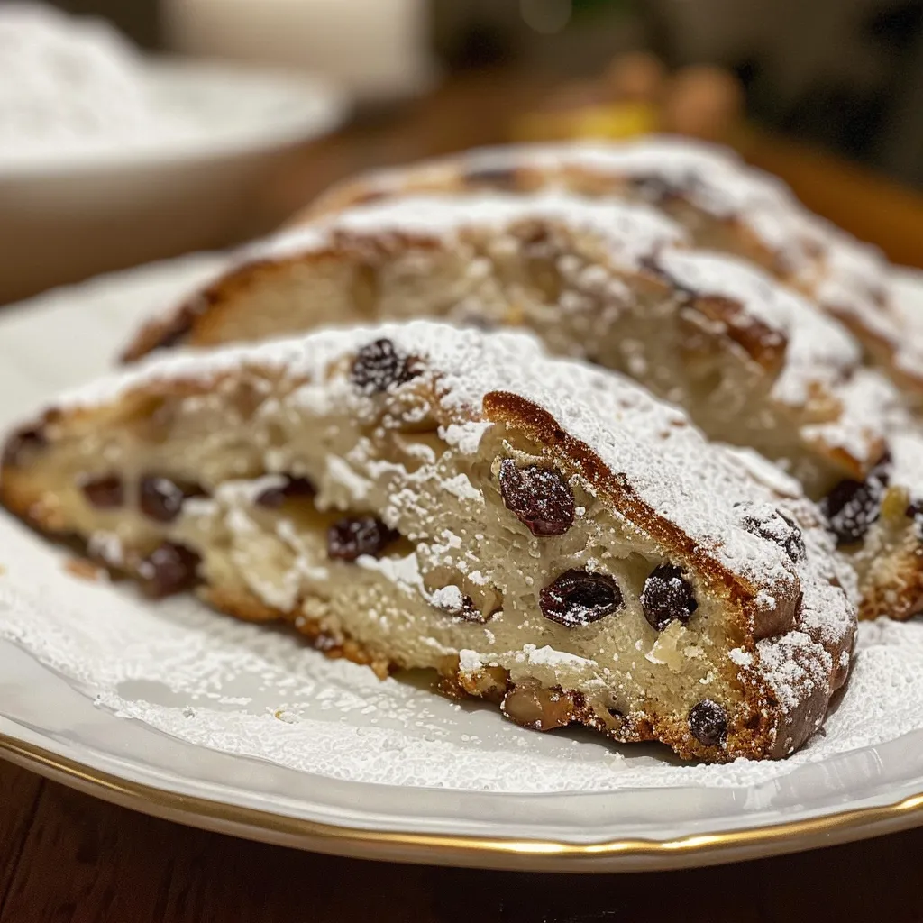 Close-up view of a delicious Mohnstollen with poppy seeds and almonds.
