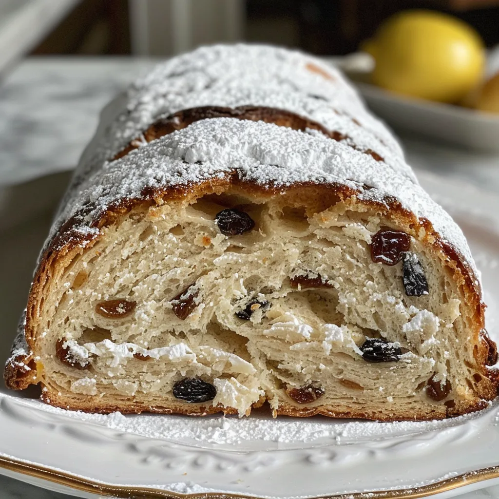 Side view of Mohnstollen showcasing its textured surface and dusting of powdered sugar.