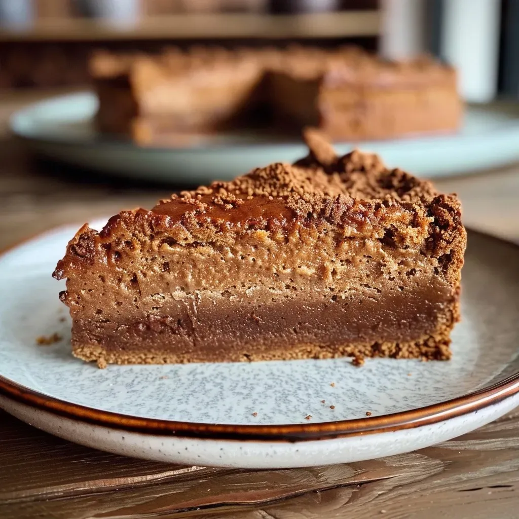 A moist slice of vegan Russian Zupfkuchen on a plate, showcasing layers of chocolate and creamy filling.