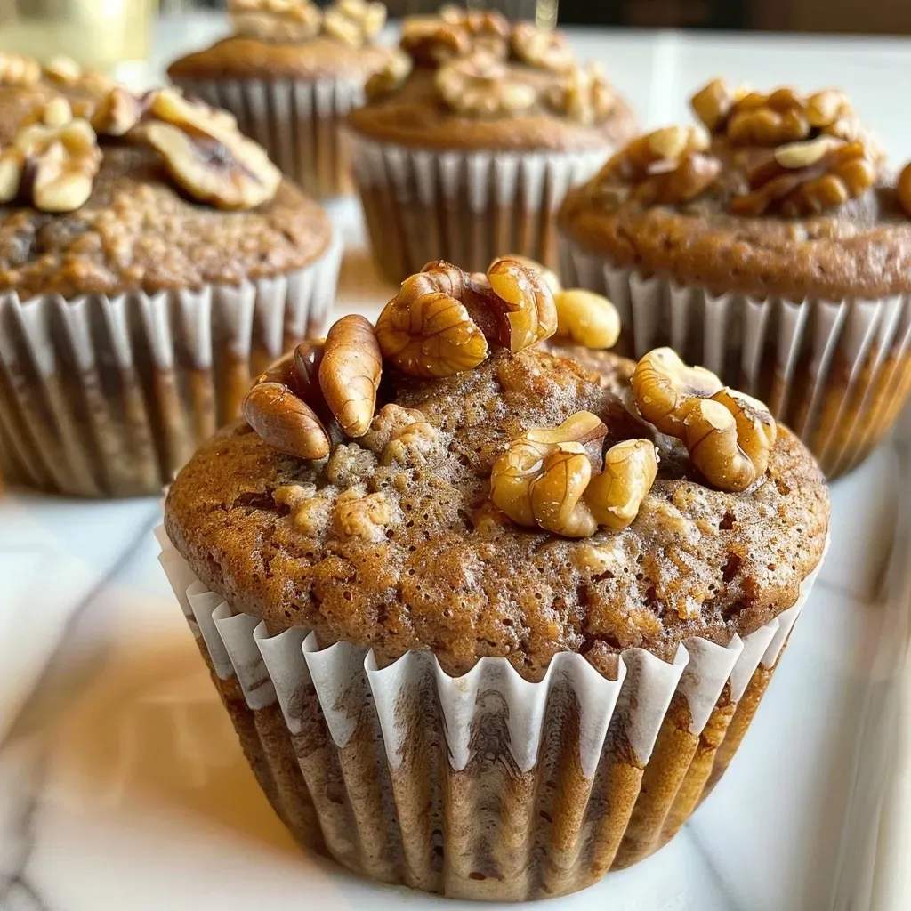 Side view of freshly baked banana walnut muffins with visible banana pieces and walnut chunks.