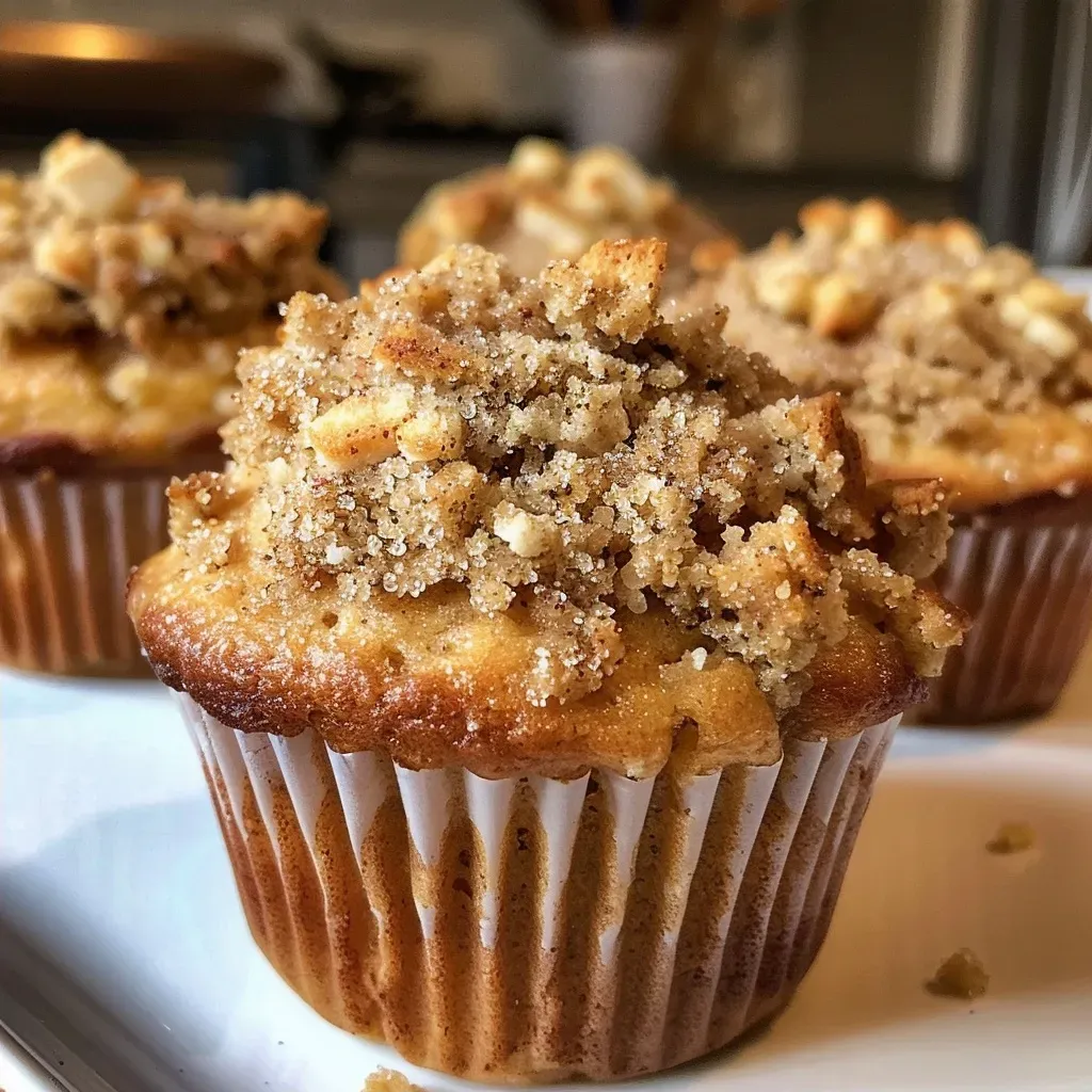 Side view of freshly baked cinnamon muffins, topped with crumbly streusel, on a rustic wooden surface.