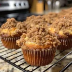 Close-up side view of warm cinnamon streusel muffins with a golden-brown crumb topping.
