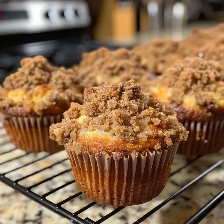 Close-up side view of warm cinnamon streusel muffins with a golden-brown crumb topping.